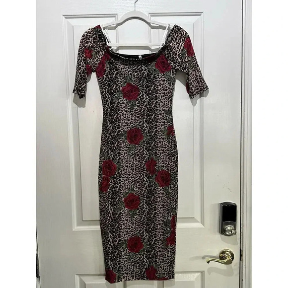 Dna Couture cheetah rose Print Dress Y2K bodycon sheer Size Medium - Picture 1 of 6